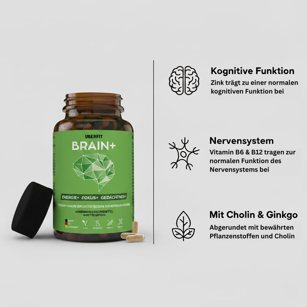 BRAIN+ Fokus & Gedächtnis Komplex - Vitamin B5 für geistige Leistung, Zink für kognitive Funktion, B12 gegen Müdigkeit - mit Cholin, Ginkgo & Ginseng - 90 vegane Kapseln, Made in Germany