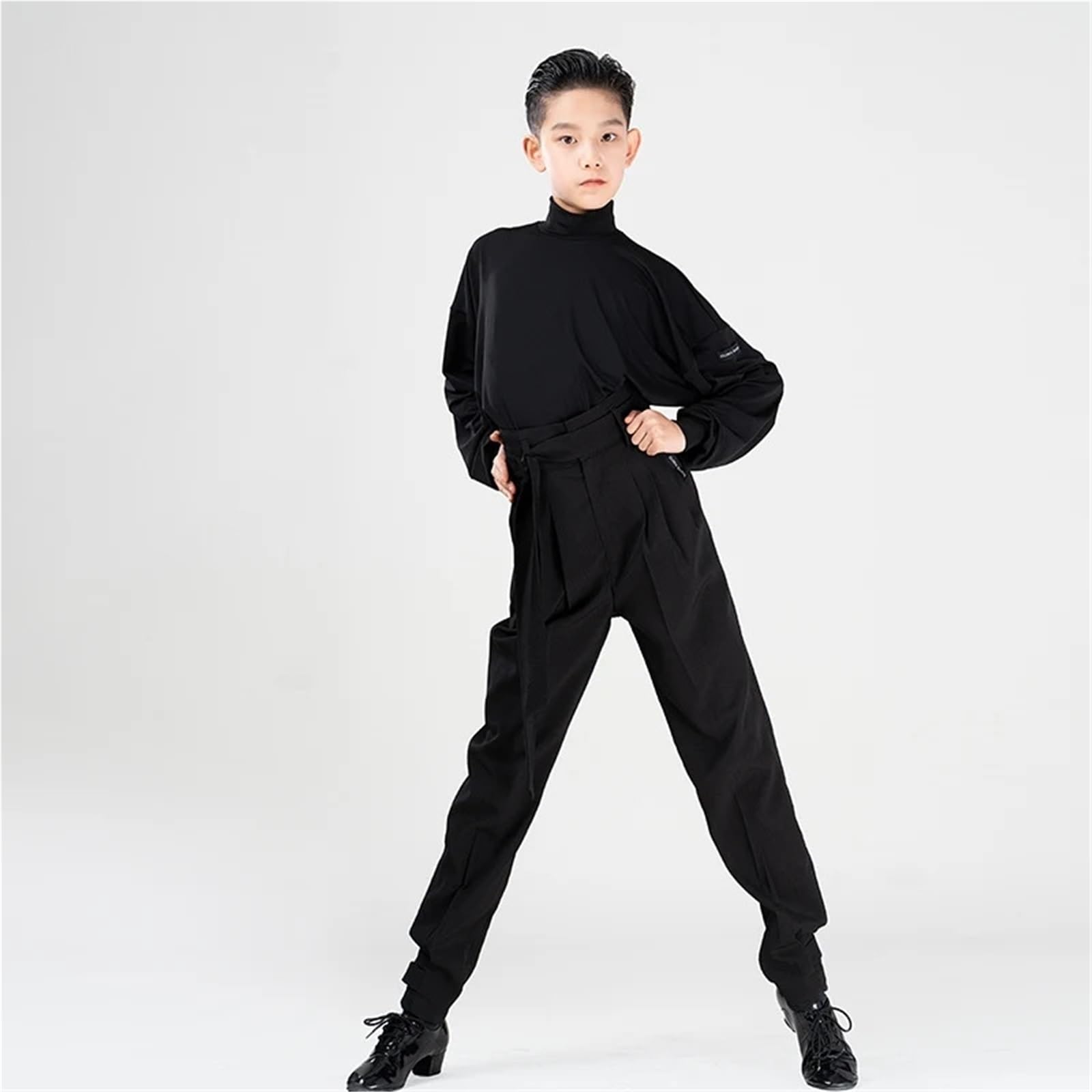 Traje de actuación danés Latino for niños, Top Manga murciélago, Pantalones Cintura Alta, Ropa Baile salón, Tango, práctica for para Hombre, Salsa, Jazz, Danza(XXXS,Black Tops+Black Pant)