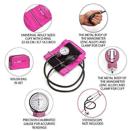 Image of PARAMED Aneroid Sphygmomanometer - Manual Blood Pressure Cuff with Universal Cuff 8.7-16.5 inch and D-Ring - Carrying Case in the kit - Pink - Stethoscope Not Included