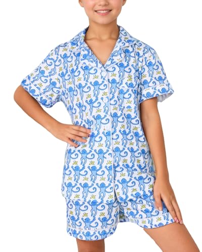 Zelbuck Girls Summer Outfit, Kids 2 Piece Button Down Monkey Beach Shorts Set Ugly Animal Y2k Preppy Loungewear Pjs (US, Age, 8 Years, 9 Years, Light Blue)