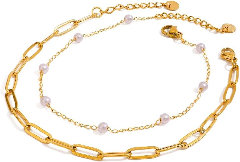 Double Layered Pearl Ankle Bracelet for Women – Gold Chain Anklet with Pearls Beads, Adjustable Dainty Beach Jewelry, Summer Foot Accessory