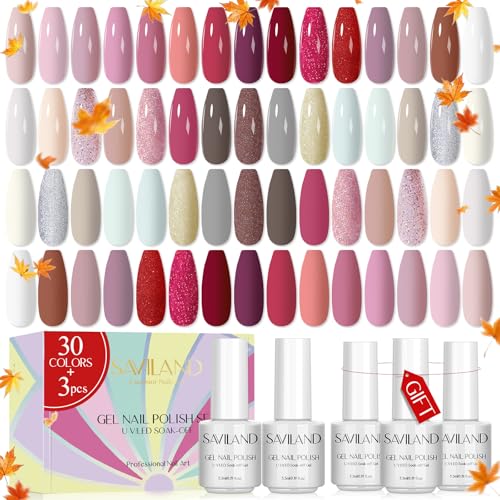 SAVILAND Gel Nail Polish Set: 33pcs Red White Pink Glitter