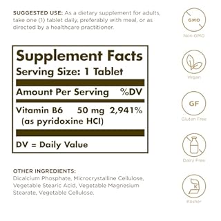 Solgar Vitamin B6 50 mg - 100 Tablets - Non-GMO, Vegan, Gluten Free, Dairy Free, Kosher, Halal - 100 Servings