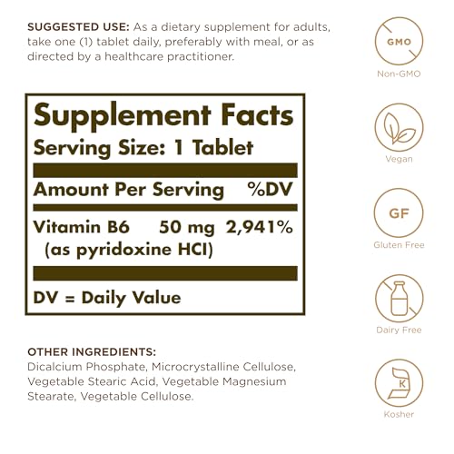 image for Solgar Vitamin B6 50 mg - 100 Tablets - Non-GMO, Vegan, Gluten Free, D