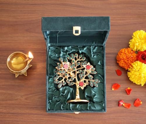 Image of Metal Kalpavriksha Tree for Home Decor - Golden Wish Fulfilling Tree Metal Showpiece for Temple, Vastu, Office Table & Gifting Banyan (No 1 Golden Stone with Box)