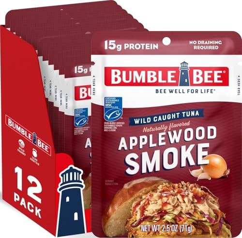 Bumble Bee Applewood Smoke Seasoned Tuna Pouch, 2.5 oz (Pack of 12) | Wild Caught Tuna, Ready to Eat, 15g Protein per Packet, Gluten Free