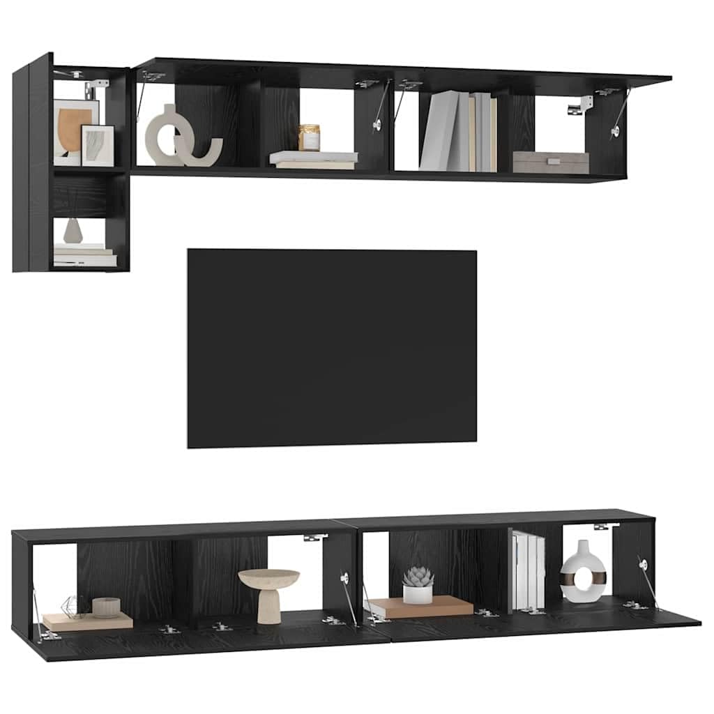 5-Piece Wall Mounted TV Cabinet Set, Black Oak | Features durable engineered wood and hinged doors, providing modern storage for living room media centers.