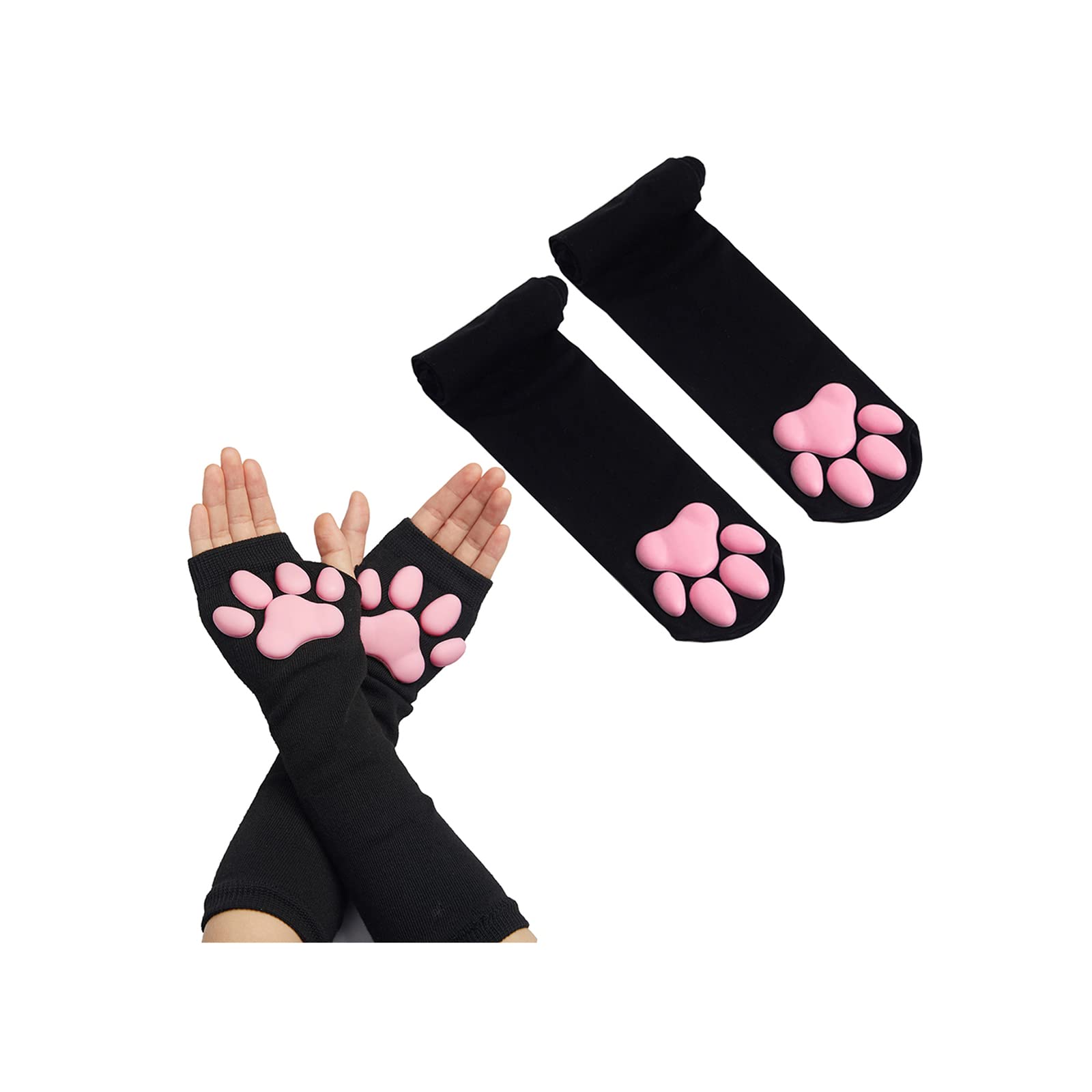 Sirolisa Women's Black Set 3D Silicone Cat Paw Mittens With Ears Tails - Cute Cat Paw Toes Beans Socks Set For Girls Halloween Christmas Cosplay (Black)