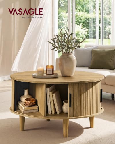 Image of VASAGLE Round Coffee Table, Lift Top Coffee Table with Tambour Sliding Door