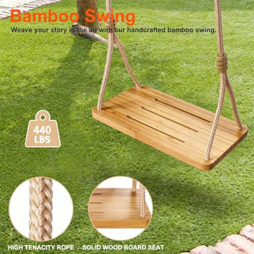 Image of Bamboo Tree Swing Seat for Adults & Kids, 440LB Capacity and 77 inch Tree Straps, Indoor /Outdoor Swing Set for Backyard, Garden, Porch, Patio（Children's Swings）