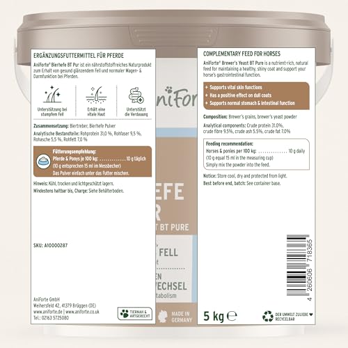 AniForte BT Pur Bierhefe für Pferde 5kg - Naturprodukt für gesundes, glänzendes Fell & Haut, Unterstützt Magen-Darm-Trakt & Darmflora, Nährstofflieferant