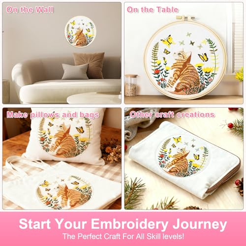 Image of Huacan Embroidery Kit for Beginners Adults Includes Stamped Cat Pattern, Hoop, Color Threads,Tools,Easy to Follow Instruction