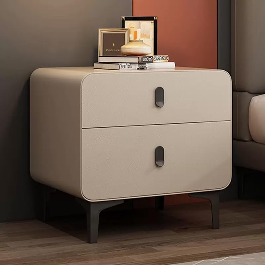 ASerZenith Modern Nightstand Wrapped By Leather,2 Drawer Dresser For Bedroom W/2 Drawers,Bedside Furniture,Night Stand,Khaki-45Cm