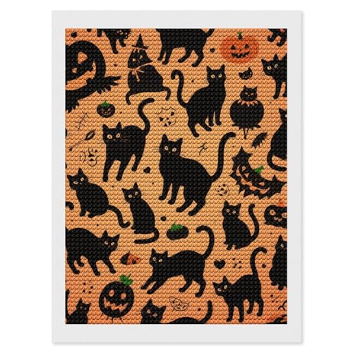 Peinture diamant ronde chat noir avec strass brillants et toile adhésive haute densité