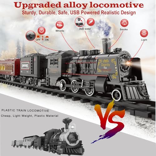 Image of Electric Train Sets for Kids Metal Alloy Christmas Train Toys Steam Locomotive, Glowing Passenger Carriages, Luxury Tracks, Light & Sounds Rechargeable Birthday Gifts for Boys Girls Red 