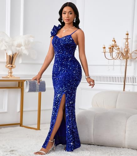 Image of Cololura Women Sexy Elegant Sequin High Split Ruffled Hem Mermaid Party Cocktail Bodycon Formal Evening Gowns Maxi Dress