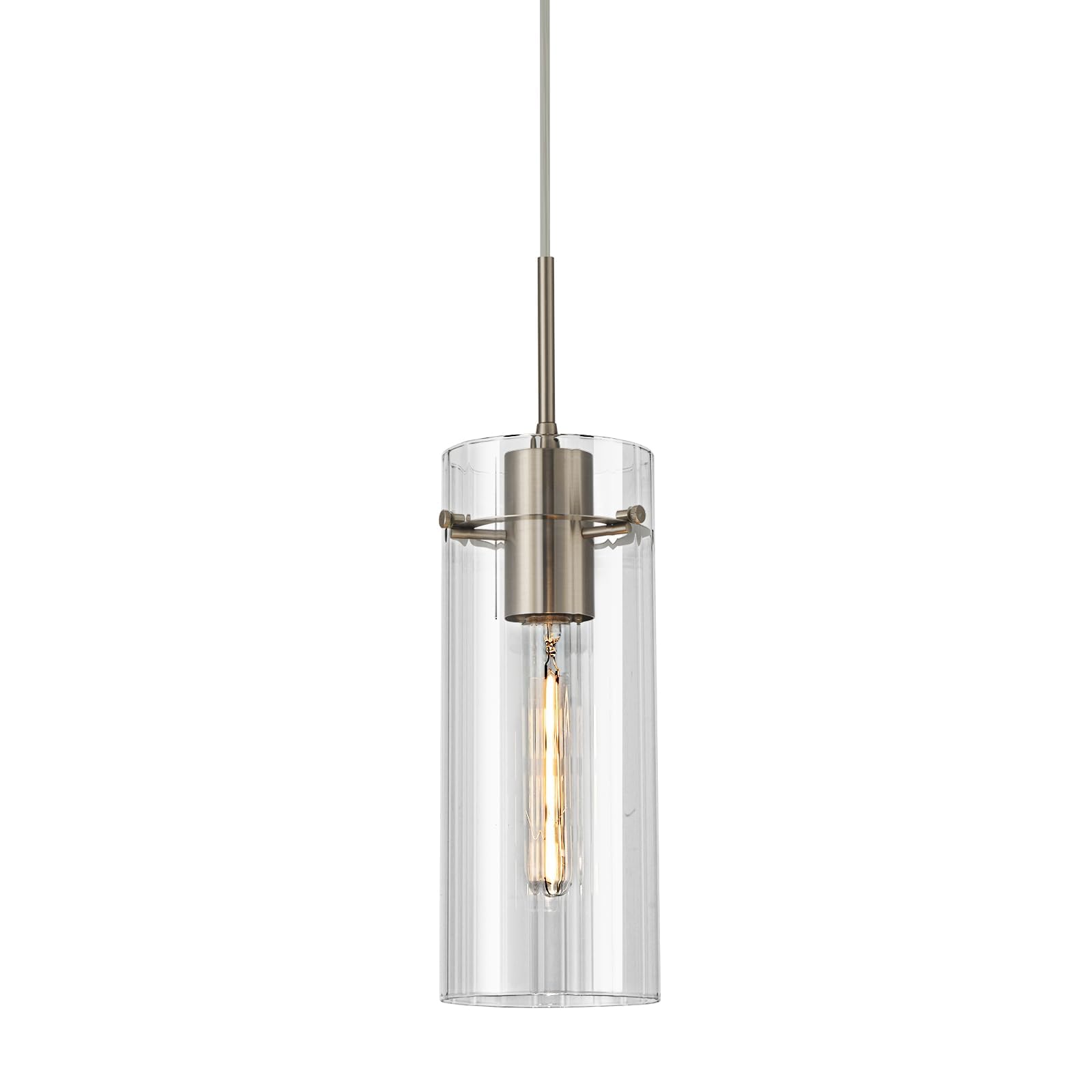 Photo 1 of FEAZAC Modern Pendant Light, 4.7" Ribbed Glass, Brushed Nickel (2 Pack)