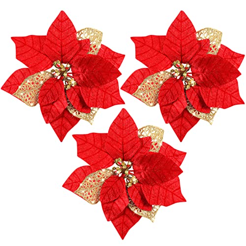 30 Pieces 8 Inches Large Christmas Artificial Poinsettia Flower Christmas Tree Glitter Faux Flowers Floral Wreath Garland Xmas Tree Ornaments for Wedding Holiday Wreath DIY (Red)