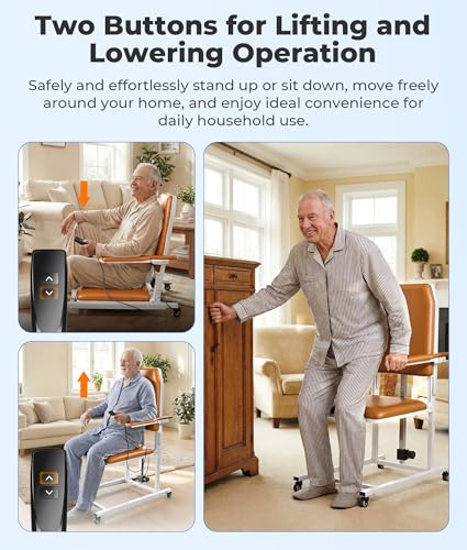 Image of Electric Chair Lift with 4 Wheels and PU Cushion, Get Up from Floor Lift for Elderly, 573 LBS, Safety Seat Belts and Handrails, Suitable for Home or Care Facilities Use