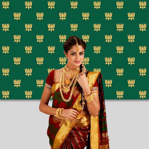 Image of 6x3.6ft Green Indian Pooja Backdrop Lotus Marigold Garland Puja Diwali Pujan Background for Chatiya Mehndi Festival Decorations Wedding Party Photo Props
