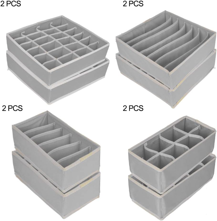 SITAKE 8 Set Foldable Closet Underwear Organizer, Storage Boxes Under Bed Organizer for Underwear, Bras, Socks, Ties, Belts, Tank Tops - Drawer Dresser Divider - Closet Organizers - 8 Pack (Gray)