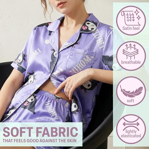 Image of Get Trend Hello Kitty | Kuromi | Pusheen Women's Pajama Sets, 2 Piece Button Up Shirt & PJ Shorts, Soft Kawaii Lounge Sets