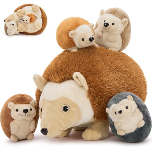 BENINY 5Pcs Hedgehog Plush Toy Set, Giant Mommy Hedgehog Stuffed Animal with 4 Cute Baby Hedgehog Plushies, 14' Cuddly Stuffed Hedgehog Gift for Boys Girls Kids on Christmas Birthday Baby Shower