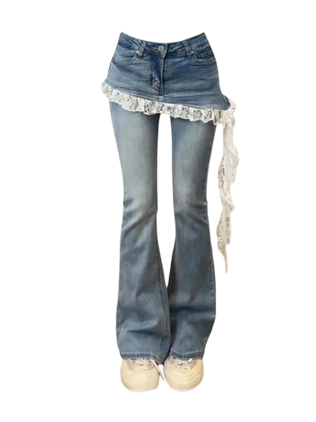 Women Korean Slim Design Lace Patchwork Harajuku Y2k Denim Flare Pants