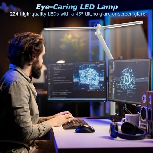 Image of Airlonv LED Desk Lamp, Double Swing Arm Wide Lighting Area Desk Lamps for Home Office with Stepless Dimming, Eye-Caring Architect Desk Light with Clamp for Reading, Study, Workbench, Drafting(White)