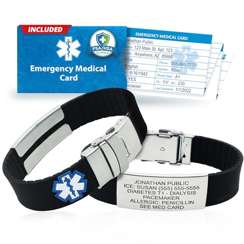 Sport Medical Alert Bracelet for Men & Women – Customizable Medical ID Bracelet with Personalized Engraving, Emergency Identification Card, Complimentary Access to PHR (Personal Health Record) – Black