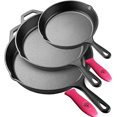 La Cuisine Matte Enameled Cast Iron Skillet Frying Pan 3-PC Chef Set 8” 10” and 12” – Two Thermal Resistant Silicone holders included Indoor Outdoor Cooking Oven Safe