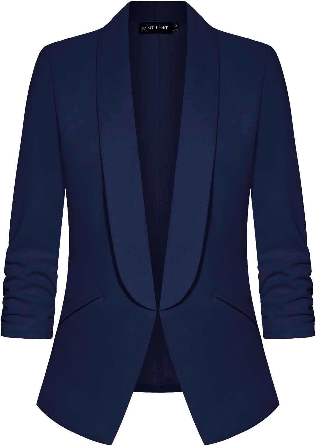 MINTLIMIT Women 3/4 Ruched Sleeve Shawl Lapel Blazer Open Front Casual Work Office Blazers Lightweight Jacket with Pockets