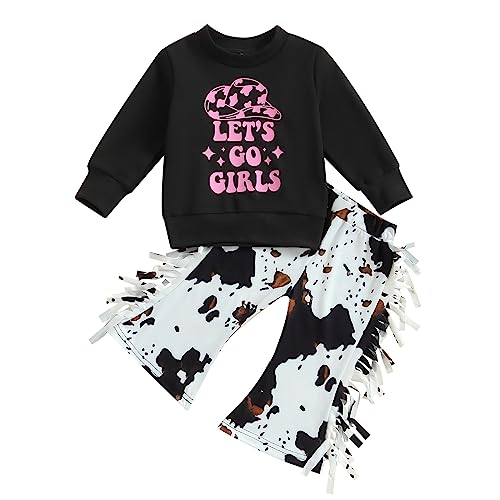 Toddler Western Baby Girl Clothes Long Sleeve Cowgirl Sweatshirt + Cow Print Bell Bottom Pants Fall Winter Outfit (Tassel-Black Pink, 18-24 Months)