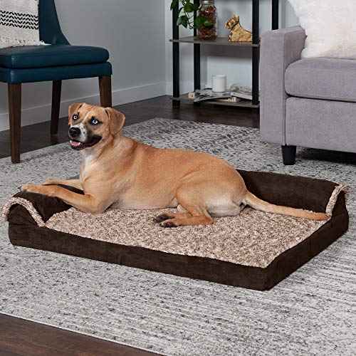 Image of Furhaven Cooling Gel Dog Bed for Large /Medium Dogs w / Removable Bolsters & Washable Cover, For Dogs Up to 55 lbs - Two-Tone Plush Faux Fur & Suede L Shaped Chaise - Espresso, Large