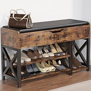 Shoe Bench Lift Top Shoe Storage Bench Adjustable Shelf Entryway Bench Metal and Wood Shoe Rack Organizer with Cushion for Entry Bedroom Closet Living Room Hallway Brown 355W
