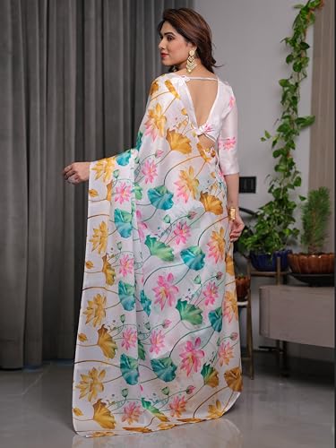 Image of ALMAARI FASHION Women's Floral Printed Georgette Satin Saree with Unstitched Blouse Piece | Traditional Ethnic Wear Sarees | Soft Lightweight Ethnic Office Wear Daily Wear Indian Sari (SG 101-110 SH)