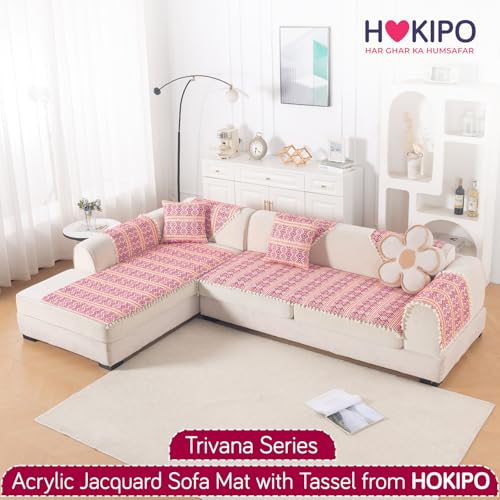 Image of HOKIPO L Shape (2+2 Seater) Sofa Cover Seat Mat | 300 GSM Cotton Acrylic Jacquard Fabric with Tassel, 'Trivana Series' Cherry Red (IN-934+935-J8)