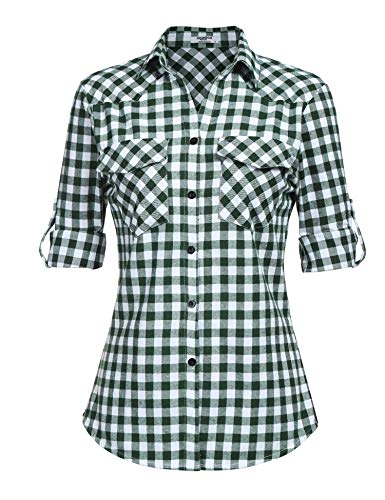Zeagoo Women's Plaid Flannel Shirt, Roll up Long Sleeve Checkered Cotton Shirt,Grass Green1,Large
