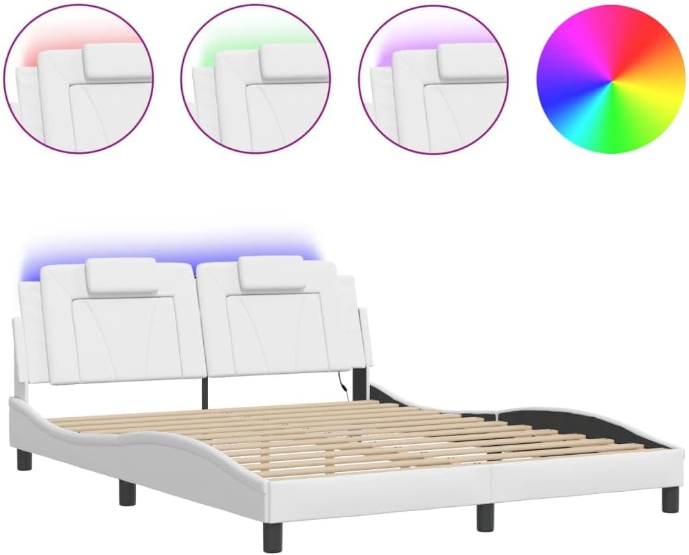 Bed Frame Viana with LED Lights White Faux Leather Platform Foundation 59.8"x79.9" Sturdy Slatted Nonslip Headboard Modern Bedroom Furniture for Mattress Support