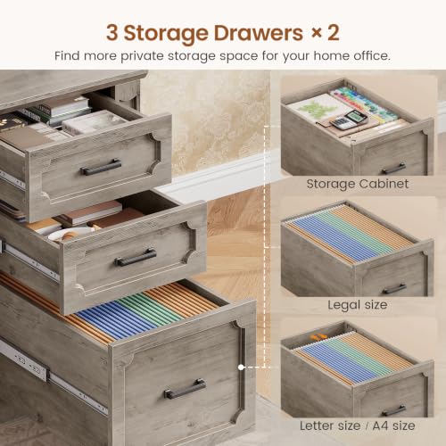 Image of SEDETA Farmhouse 110.3 inch Two Person Desk with 7 Drawers, Long Computer Desk with Storage Cabinet, 2 Person Desk with Power Outlets for Home Office, Gray