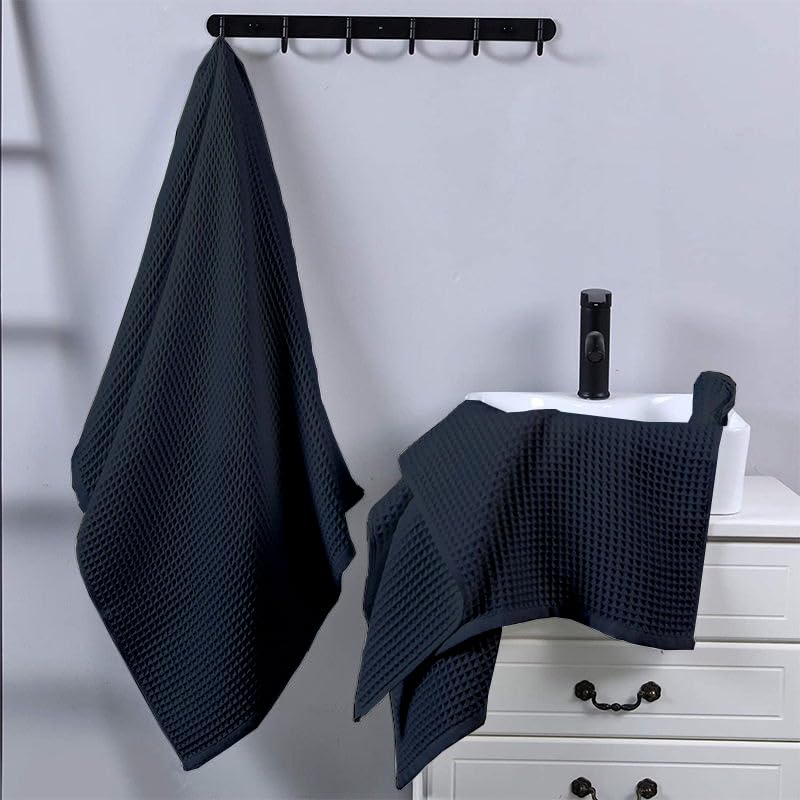 Image of Pure Cotton Waffle Towel | Lightweight | Anti Microbial and Water Absorbent | Soft Touch Quick Drying Hand Towels (Charcoal, Pack of 4)