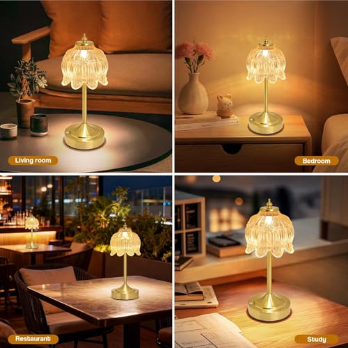 Image of NYRWANA Flower Rechargeable Cordless Glass Table Lamp | 2000mAh Battery | 3 Colour Touch Control, Stepless Dimming, USB-C Charging | Metal Gold Bedside Lamp for Bedroom, Living Room, Home Decor