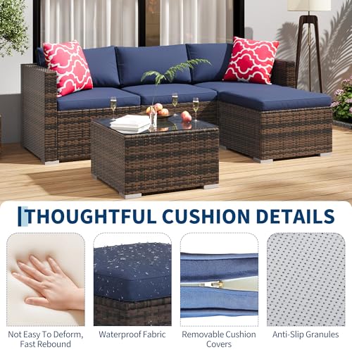 Image of GAOMON 5-Piece All-Weather Patio Furniture Set, Convertible Outdoor Sectional Sofa with Ottoman & Tempered Glass Table, PE Rattan Conversation Set for Garden, Backyard, Porch, Poolside