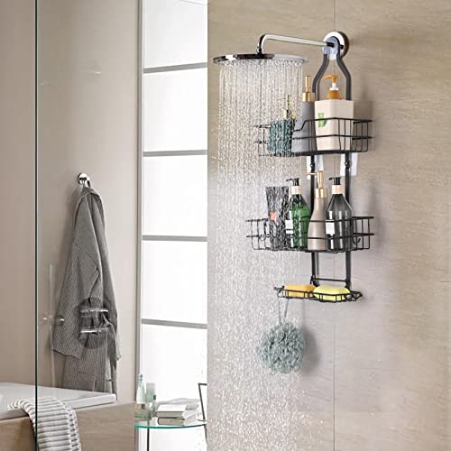 Tuenort Hanging Shower Organizer For Bathroom, Over Head Shower Caddy Basket With Hooks, 3 Layers Bathroom Storage Rack Shelf Over Shower Head, Soap Holderr, Rustproof & Durable - Black #TOP6