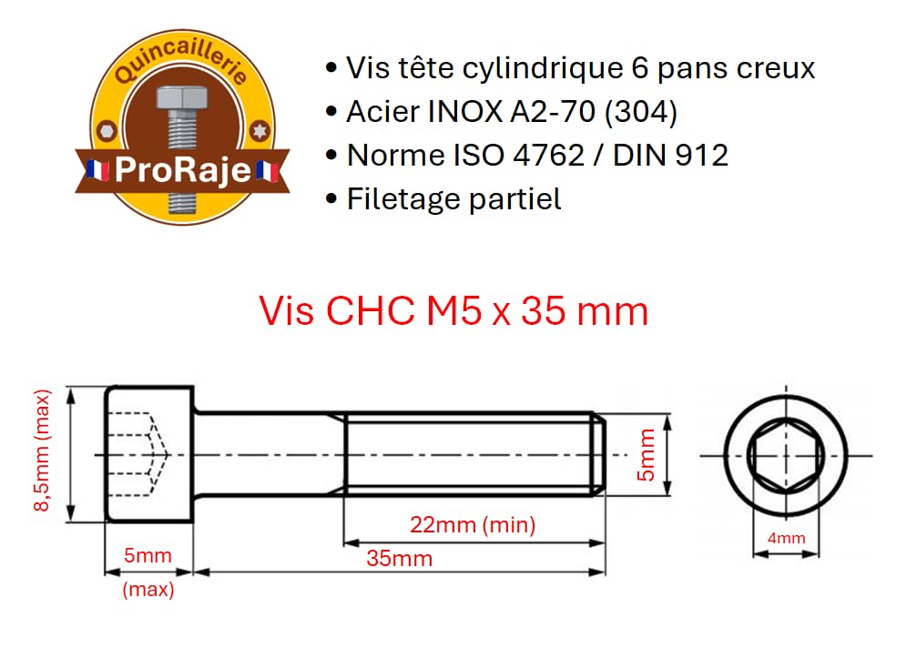 Screws Stainless Steel M5 x 35 mm Cylinder Head BTR Diameter 5 x 35 mm, A2 stainless steel, M5 x 35mm - Image 3