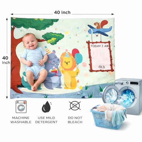 Image of Growth Keepsake Baby Blanket 51 * 43 Inch Jungle Theme Monthly Age Marker Blanket Cute Animal Party Printed Background Washable Foldable Play Mat for Infants