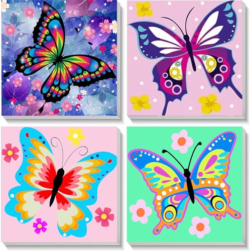Paquete de 4 Pinturas por Números con Marco de Madera - Mariposas para Niños de 4-12 Años - Lienzo Acrílico al Óleo