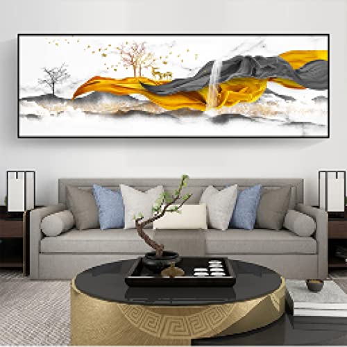 Toile cerf paysage abstrait gris et doré 70x210cm sans cadre pour grand mur de salon - 3