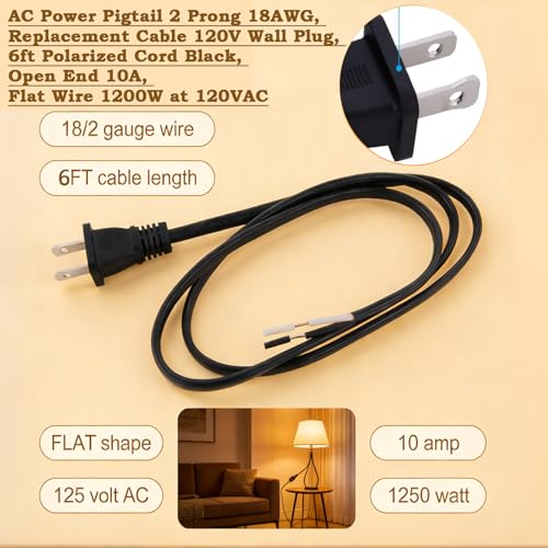Image of 6ft 18AWG Polarized 2 Prong AC Power Pigtail Black Flat Open End Cord