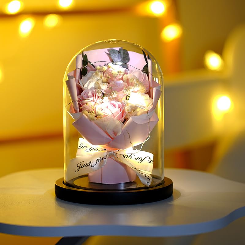Foam Rose Bouquet Sign Light Handmade Glass Cover Immortal Flower Vertical LED Night Light Couple Gift For Girl Confession Switch Controllable Energy Saving Protection Sustainable Use (White+Pink) — image 1